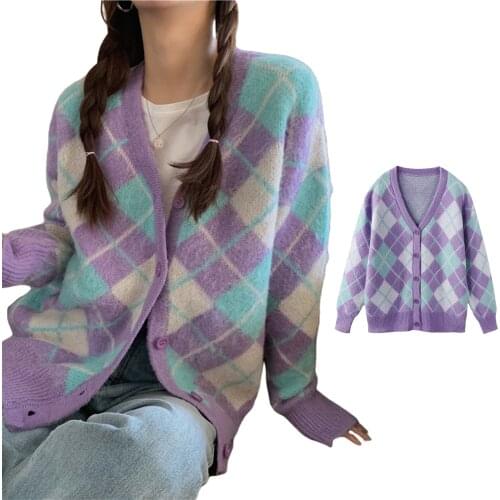 INS Button Down Knit Sweater Long Sleeve V Neck Knitwear Argyle Print Loose Cardigan 2021 Y2K Fashion Vintage European Outwear