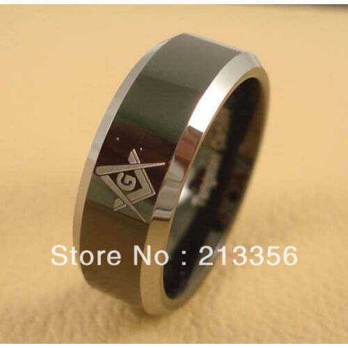 E&C JEWELRY Free Shipping! Wholesales Price!USA Hot Selling Black Ion Plated Tungsten Mens Mason Freemason Symbol Wedding Ring