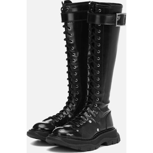 MUMANI Womans Knee-High Boots Flat with 2021 New Genuine leather White Punk Cross-tied Martin High Boots Motorcycle Basic Boots