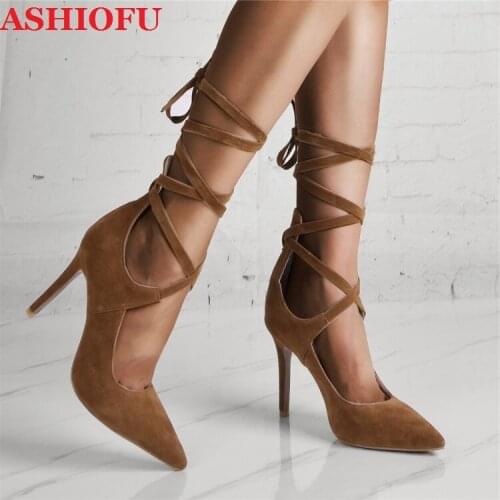 ASHIOFU Handmade Real Photos Ladies High Heels Pumps Faux-suede Ankle Strap Party Prom Dress Shoes Large Size Evening Pump Shoes