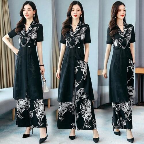 New Arrival Womens Suits Ladies Elegant Wide Leg Pants Sets Female Short Sleeve Business Floral Printing Blouse Top 2 Piece Set