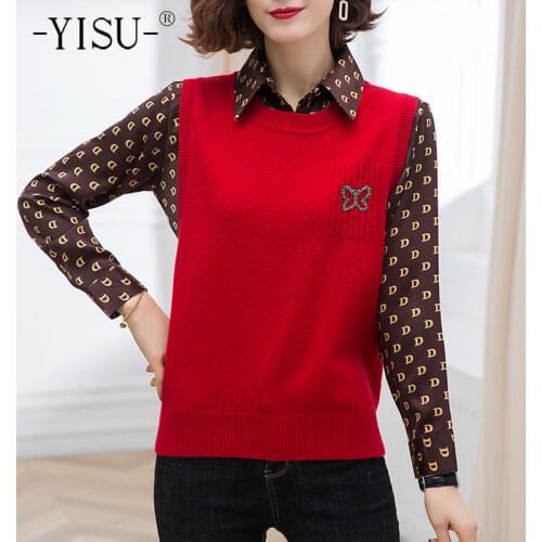 YISU Women Letter printing Spring Sweater Fake two-piece polo collar Long sleeve Female Casual Thin section Knitted Pullover