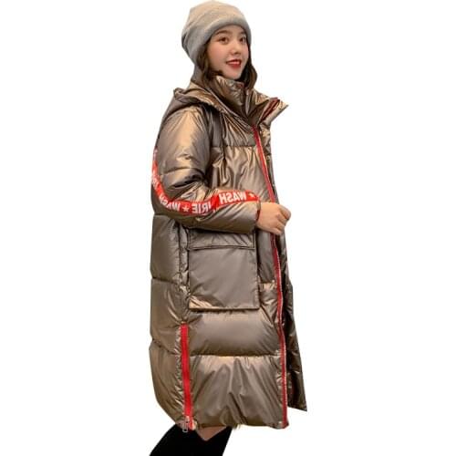 2019 Winter Fashion Loose Cotton Coat Bright Down Jacket Womens Winter Long Down Coat Women Thick Black Cotton Coat