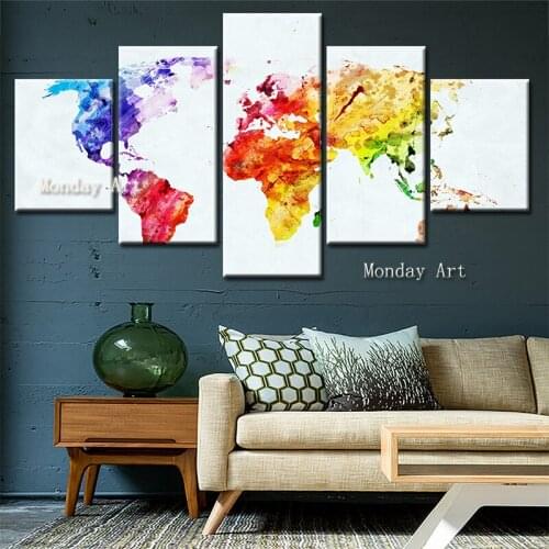 5 Piece hand painted Colorful Abstract World map Painting Wall art Picture for Living Room Modern Canvas painting Wall decor art