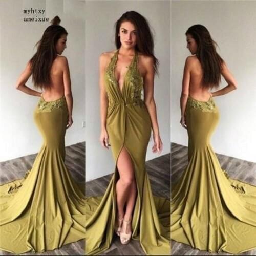 China V-Neck Backless Court Train Lace Applique Mermaid Backless Spandex Evening Dresses Open Back Side Slit Evening Dress