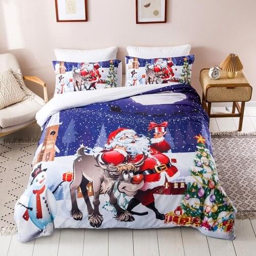 WUJIE Blue Christmas Duvet Cover Set Santa Claus Pattern Comforter Pillowcase 3PCS Bedding Set King Queen Twin Bedding Linens