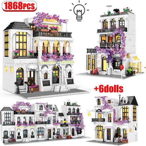 City Street View LED Light Europe Garden Model Building Blocks Creator Architectural Villa Bricks Educational Toys For Girls