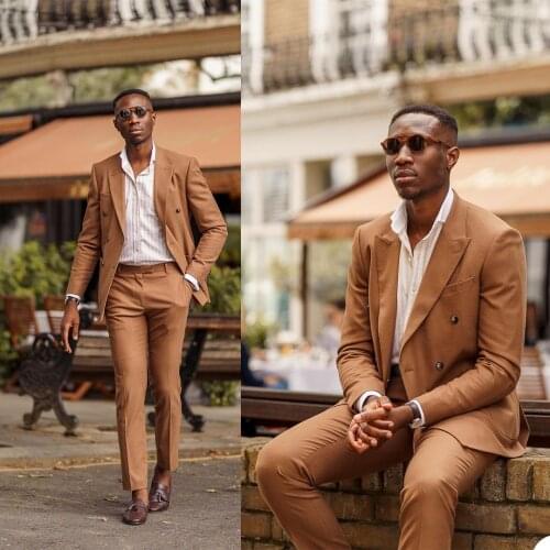 Handsome Brown Mens Tuxedos Double Breasted Groom Wear Wedding Blazer Suits Business Prom Party Jacket(Jacket+Pants)