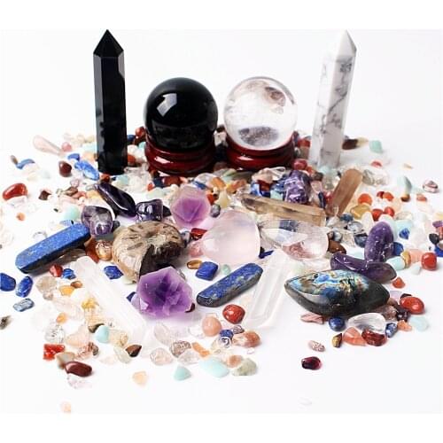 Colorful Chakra Quartz Crystal Obelisk&Ball&Gravel Mineral Specimens Healing Gems with a pouch