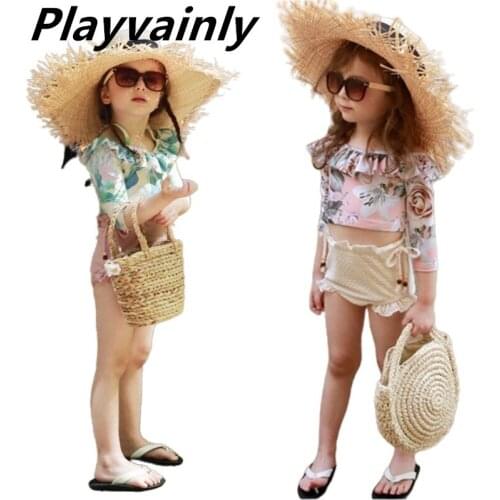 Girls Swimsuit Childrens Cute Long Sleeve Floral Flower 2pcs Set Korean Version Sun Proof Quick Drying Swim Suit E19026