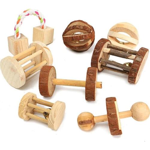 Cute Natural Wooden Rabbits Toys Pine Dumbells Unicycle Bell Roller Chew Toys for Guinea Pigs Rat Small Pet Molars Supplies