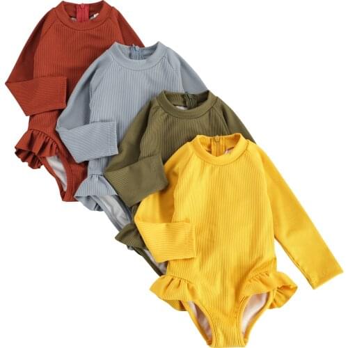 Soft Child One Piece Ribbed Swimwear Sun Protect Long Sleeve Round Neck Back Zipper Ribbed Triangle Crotch Jumpsuit Double Layer