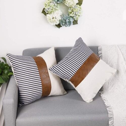 Set of 2 Farmhouse Decor Stripe Patchwork Linen Throw Pillow Covers,Modern Tan Faux Leather Accent Pillow Covers 45*45cm