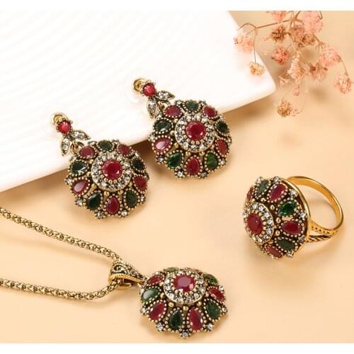 New Boho Colorful Crystal Jewelry Sets Ancient Gold Color Ethnic Style Earrings Flower Rings Vintage Necklaces Bohemia Jewelry