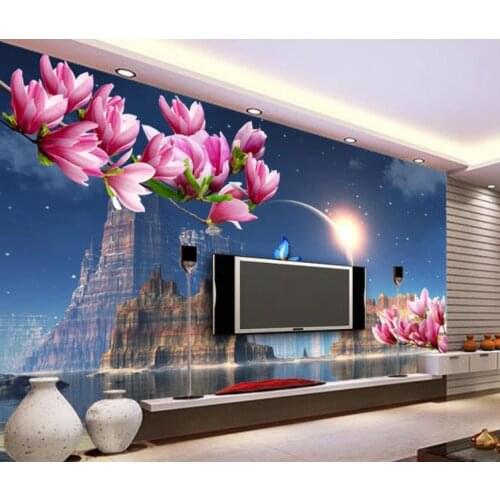 Wallpaper 3d Mural Custom living room bedroom home decor Fantasy castle planet butterfly magnolia flower reflection 3D Wallpaper