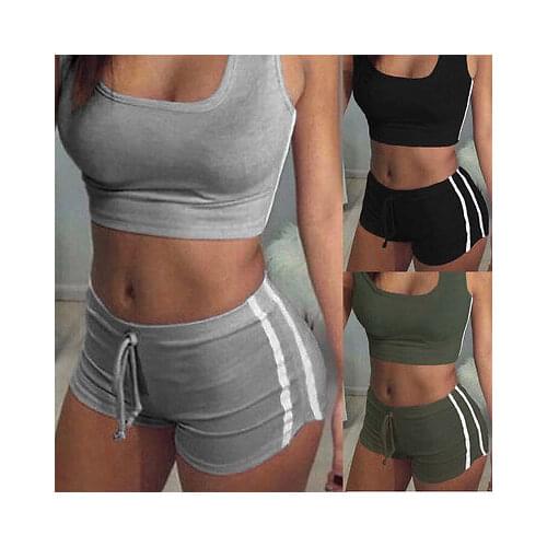 New Fashion Sportwear Women Patchwork Suits Workout Sports Strings Vest Crop Casual Two-piece Top+Shorts Drawstring Set