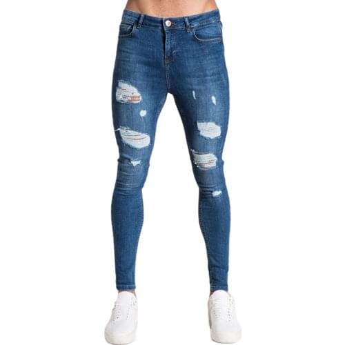 New Fashion Men Ripped Skinny Jeans High Waist Ripped Trousers Close-Fitting Pants Dark Blue/Light Blue/Black/White