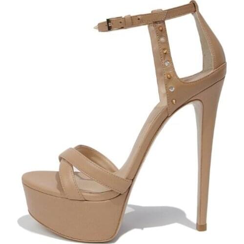 Drop Shipping Nude Black Peep Toe Thin Heels Sandal Summer Platform High Heel Shoes Woman Ankle Strap Rivets Wedding Heels