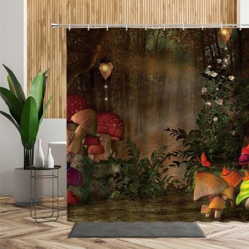 Fairy Tale Forest Scenic Shower Curtain Set Mushroom Butterfly Tree Floral Printed Waterproof Fabric Home Decor Bathroom Curtain