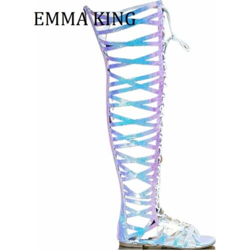 Summer Women Flat Gladiator Sandals Cross Lace Up Open Toe Over The Knee Boots Ladies Casual Footwear Female Comfort Beach Shoes