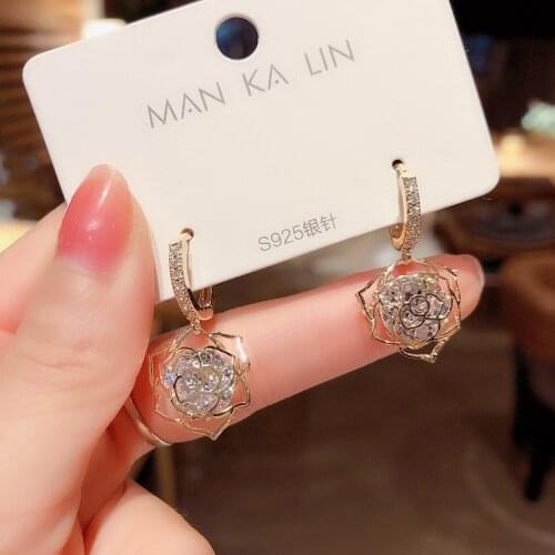 Fashion Rose Earrings Flower Zircon Dangle Earrings for Women Girl Crystal Hollow Out Ear Ring Jewelry Accessories
