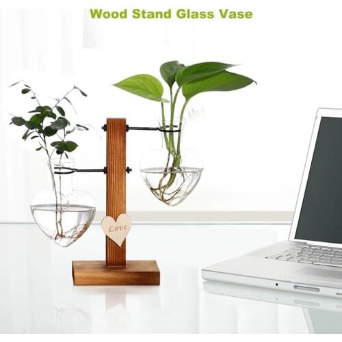 Glass Test Tube Vase Wood Stand Glass Vase Heart Shape Romantic Hydroponic Plants Holder Bonsai Desktop Decor