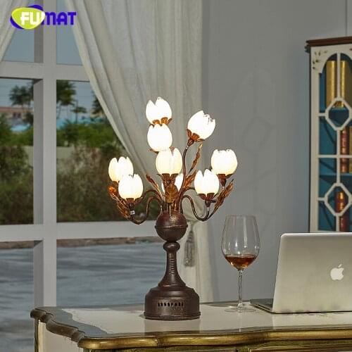 FUMAT Glass Table Lamp Fashion Pastoral Lotus Flower Shade Lamp For Living Room Bedside Lamp Art Decor Glass LED Table Lights