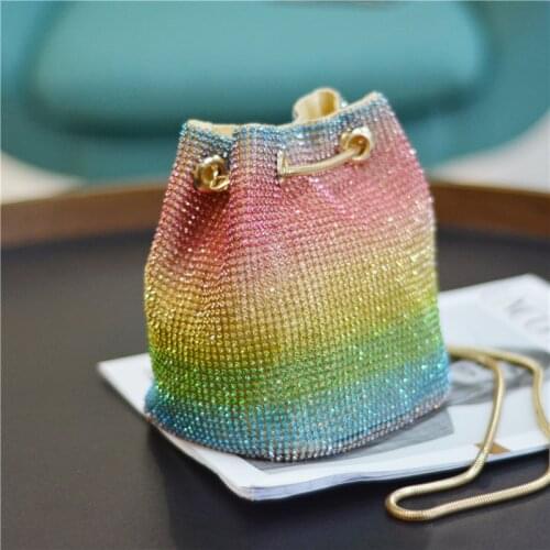 Color Rhinestones Bucket Evening Bags Women 2021 New Trendy Rainbow Diamonds Shoulder Bags Creative Ladies Dinner Clutch Purse