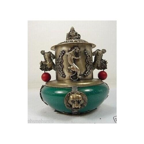 Tibet copper silver Collectible old jade incense burner armored Buddha lion Burner Tibetan Silver wordroom