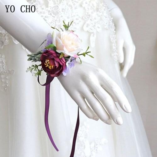 YO CHO Rose Silk Wrist Corsage Cuff Bracelets Bridesmaid Wrist Corsage Bracelet Flower Wedding Decoration Marriage Wrist Corsage