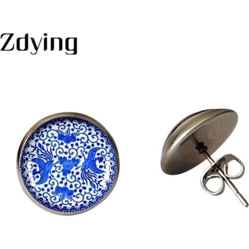 ZDYING Vintage Blue Flowers Cabochon Flower Stud Earrings Glass Photo Dome Female Earring Stainless Steel Jewelry QH016