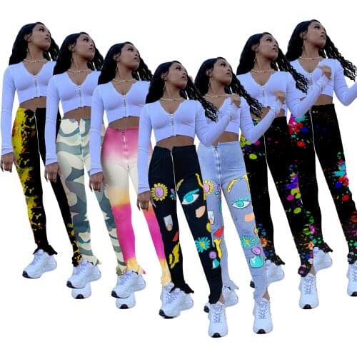 Echoine Women Pants Positioning Tie-Dye Printed Tight Elastic Stripe Zipper High Waist Split Micro-Bell-bottom Jogger Sweatpants
