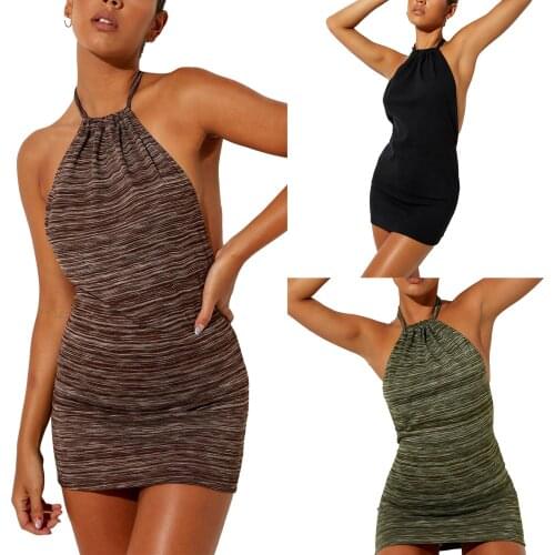 Female Dress, Adults Striped Halterneck Sleeveless Sundress for Summer, Dark Green/Brown/Black For Travel Birthday Party