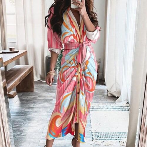 Women Elegant Pleated Turn-Down Collar Button Dress Sexy Lady V Neck Party Dress Printed Streetwear Female Casual Shirt Vestidos