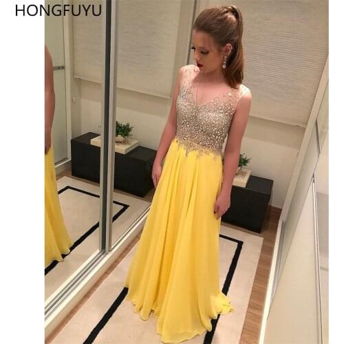 HONGFUYU Sexy V-neck Prom Dresses Sleeveless Beading Chiffon Yellow Evening Formal Gowns A-line Long Floor Length Party Dress