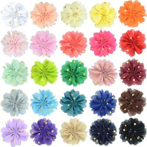 10pcs/lot 7.5CM Fashion Chiffon Flower Handmade Gold Printed Headwear Ornament for Wedding Clothing Hair Accessories No Clips