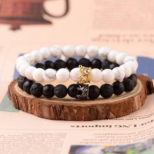 2Pcs/Set Men Women 8MM Natural Lava Stone CZ Crown Couples Bracelets For His And Her Pulseras Lover Relationship Jewelry Gifts