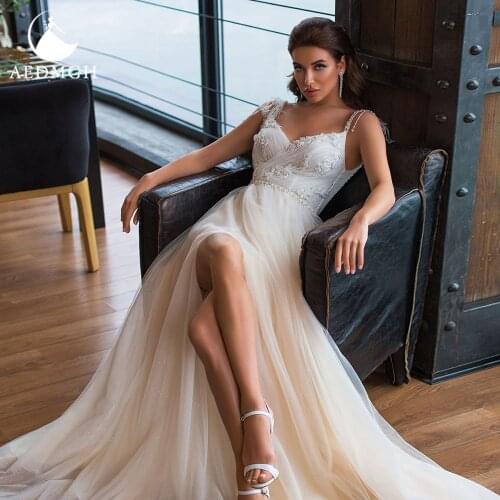 Aedmgh Sheath Wedding Dresses 2021 Sweetheart Tassel Spaghetti Sraps Split Train Robe De Mariage Appliques Tulle Bridal Gowns