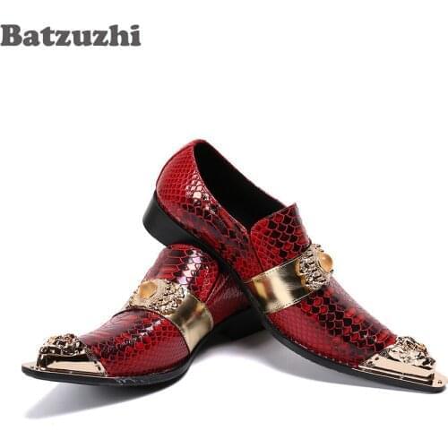 Batzuzhi Genuine Leather Dress Shoes Men Luxury Handmade Mens Shoes Gold Metal Toe Red Party and Wedding Zapatos Hombre, US6-12