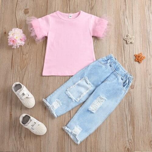 Baby girl clothes 0-5 years old summer short-sleeved fashion suit girl solid color T-shirt + ripped denim trousers 2-piece set