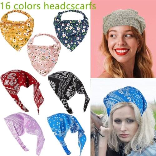 Elastic Floral Hair Scarf for Women 16 Colors Headband Triangle Head Kerchief Satin Cotton Blend Fabric Hair Bandana Accessories