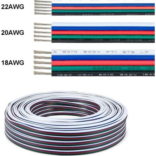 20m RGBW Bulbs Electical Cable 5 Pin 22AWG 20AWG 18AWG Extension LED Cable 5pin Tinned Copper Wire Electric Cable For RGBWW Lamp
