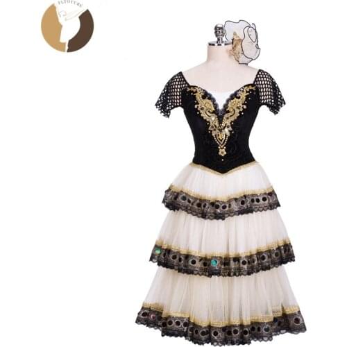 FLTOTURE Adult Ballet Romantic Black Gold Long Skirt With Headwear Ballet Spanish Costume For Sale Custom Made Paquita StageWear