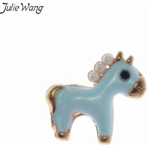JulieWang 5PCS Colorful Cute Horse Pendant Enamle Alloy Little Charm Gold Color Based Pearl Decored DIY Women Earring Necklace
