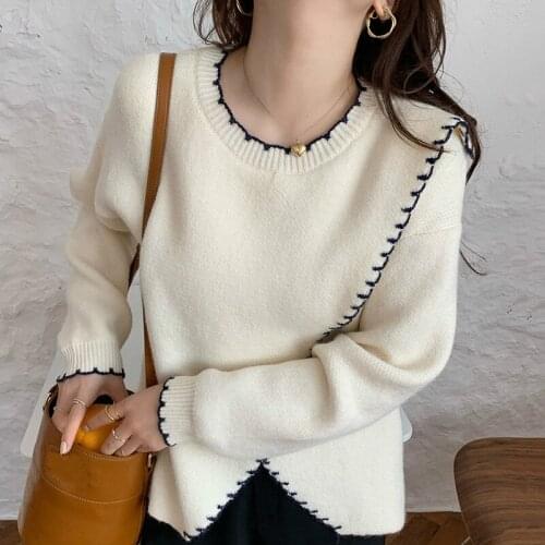 O-neck Contrast Loose Split Long Sleeve Pullover Office Lady Fashion Knitwear Tender Casual Elegant Chic Sweater Women