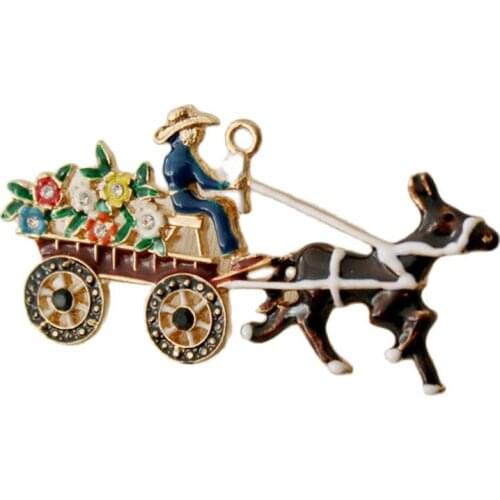 Fashion Enamel Horse Carriage Flower Pin Brooch Trendy New Holidays Gift For Christmas Xmas Jewelry