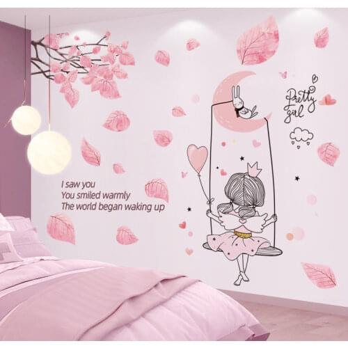 Cartoon Girl Moon Swing Wall Stickers DIY Tree Leaves Mural Decals for Kids Rooms Children Baby Bedroom Kitchen Home Decoration