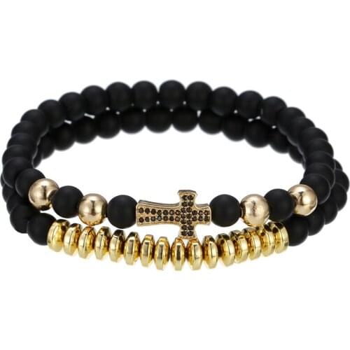 New 2Pcs/Set Natural Black Matte Stone Bead Bracelet Sets Black Zirconia Cross Charm Braclet Set Men Women Jewelry Accessories