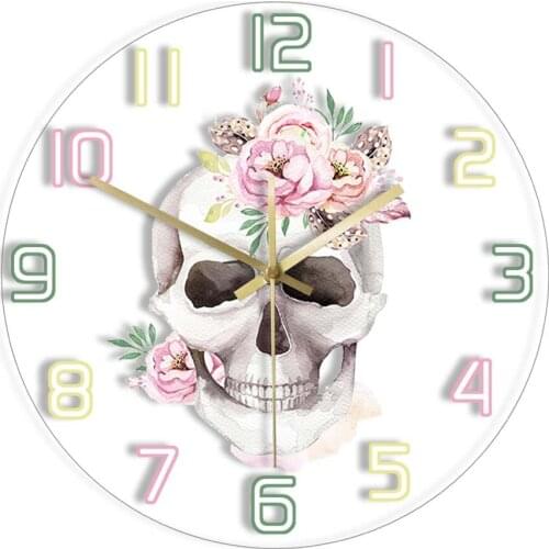 Human Watercolor Skull With Floral Bouquets Printed Wall Clock Day of the Dead Home Décor Timepieces Macabre Floral Skull Clock