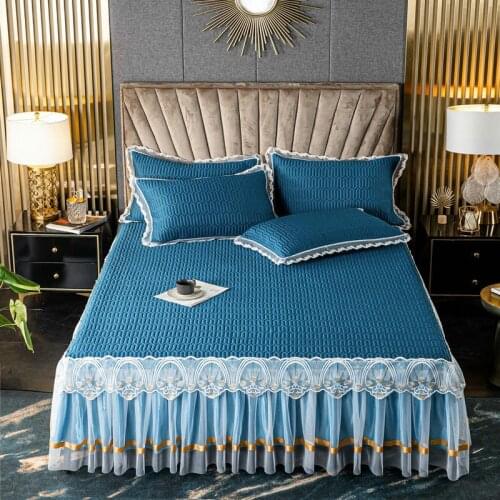 2020 new products Solid color ice silk quilting Bed spread Fitted Sheet Pillowcases 2/3 pcs Lace embroidery princess Bedding